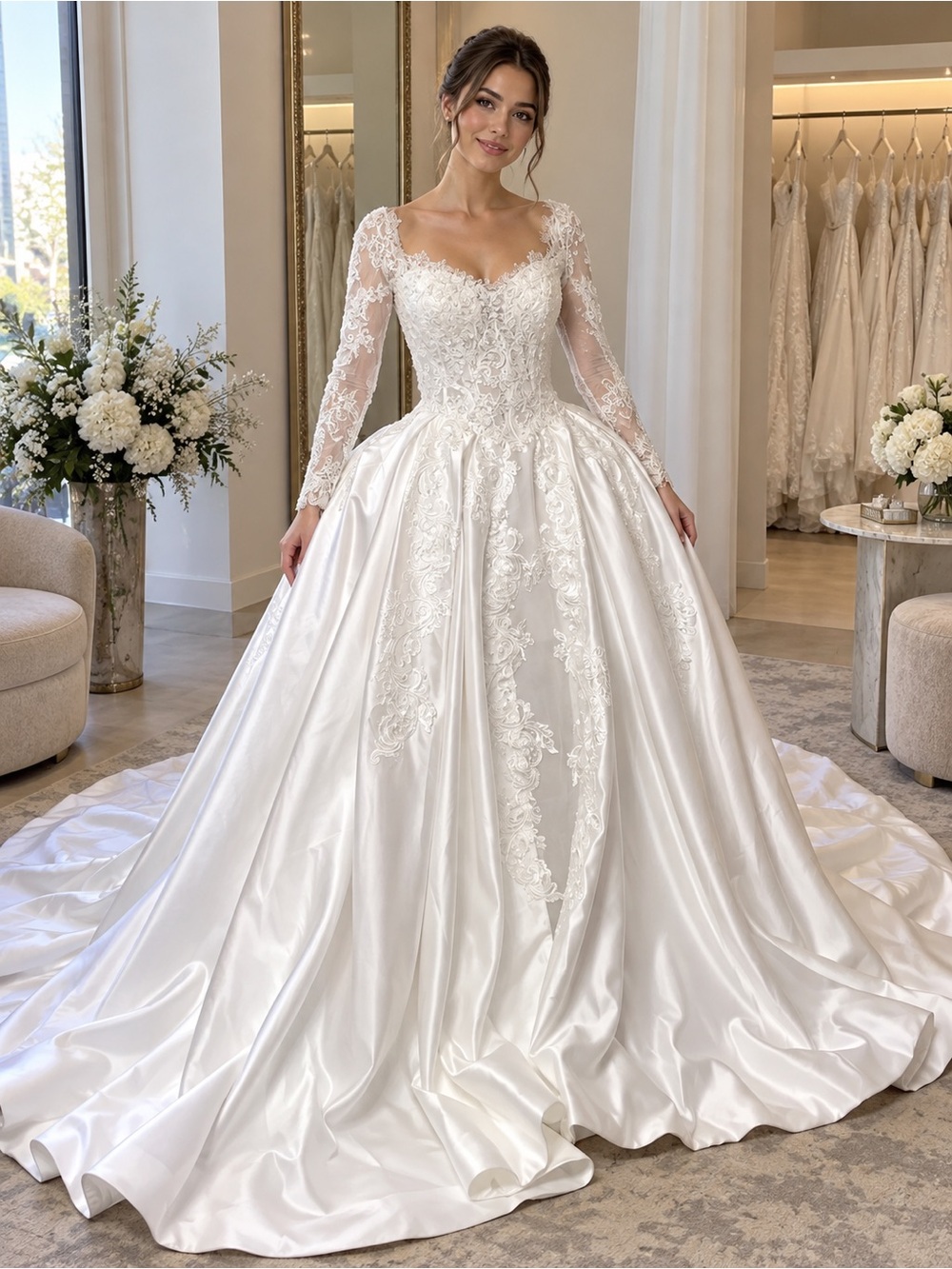 Elegant Lace Bodice Satin Ball Gown Wedding Dress - White